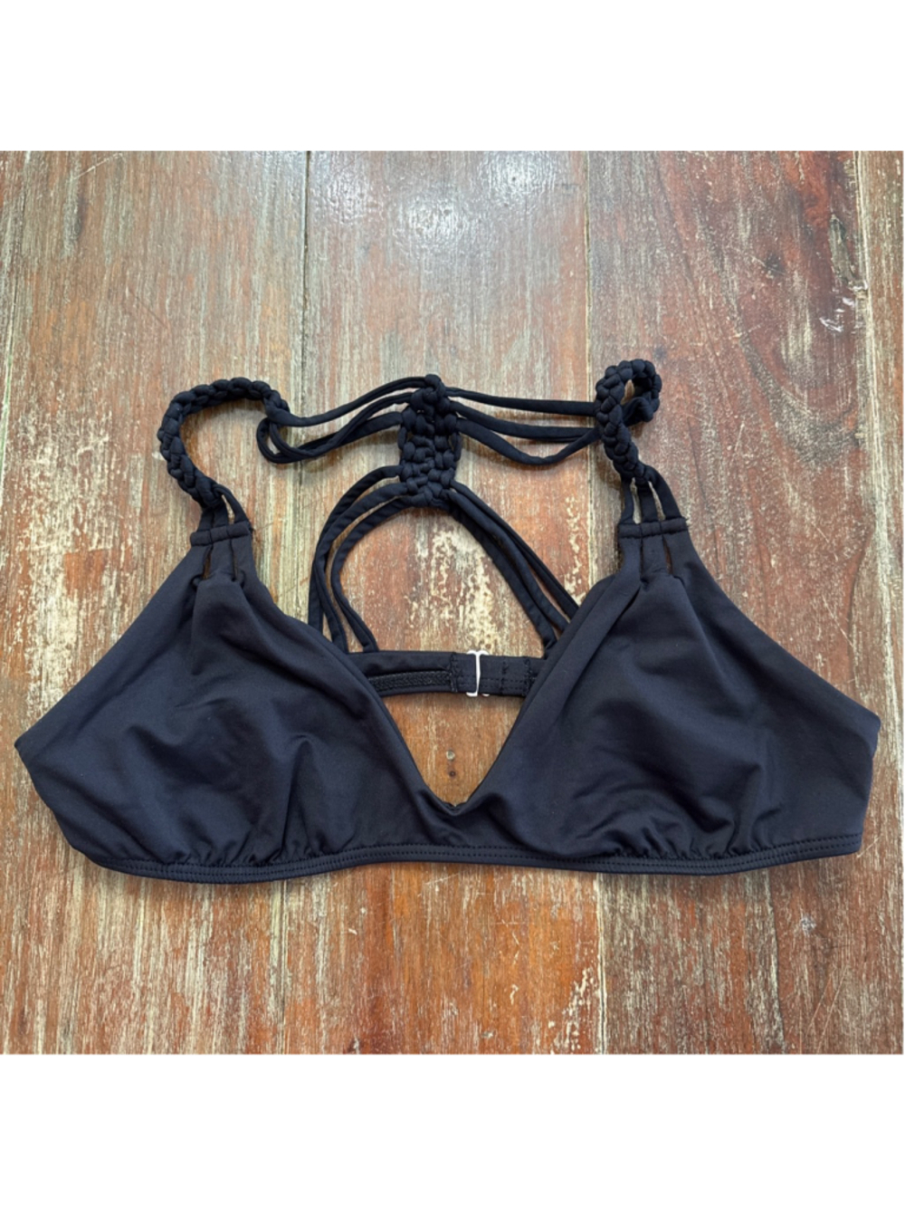 Frankies Bikinis Black Macrame Braided Triangle Bikini Top Large
